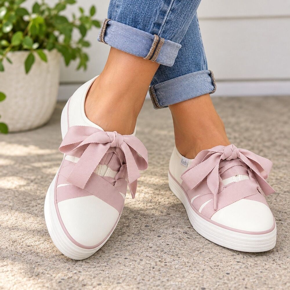 Keds Women’s Size 8 White Pink Ribbon Lace Sneakers Bow Casual Shoes WH68180